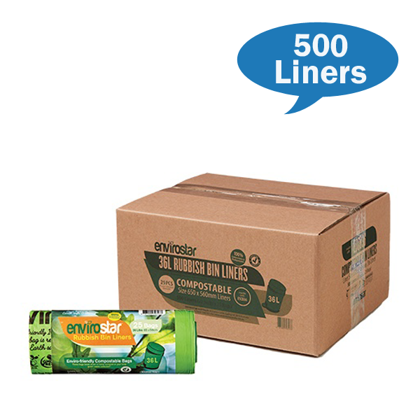 Envirostar | Compostable 36Lt Bin liners Carton Quantity | Crystalwhite Cleaning Supplies Melbourne