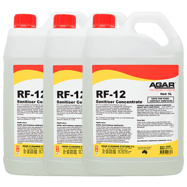 Agar | RF12 No Rinsing Sanitiser Concentrate 3X5Lt | Crystalwhite Cleaning Supplies Melbourne