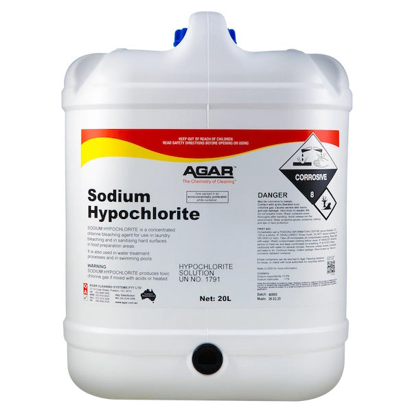 Agar | Sodium Hypochlorite 12.5% Chlorine 20Lt | Crystalwhite Cleaning Supplies Melbourne