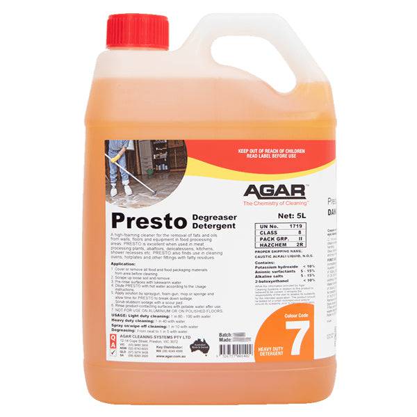 Agar | Presto 5Lt Degreaser Detergent | Crystalwhite Cleaning Supplies Melbourne
