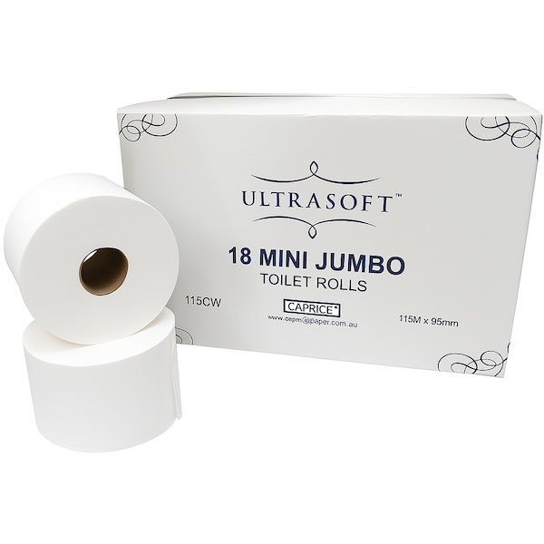 Caprice Ultrasoft | Mini Jumbo Toilet Paper Roll 115 metre | Crystalwhite Cleaning Supplies Melbourne