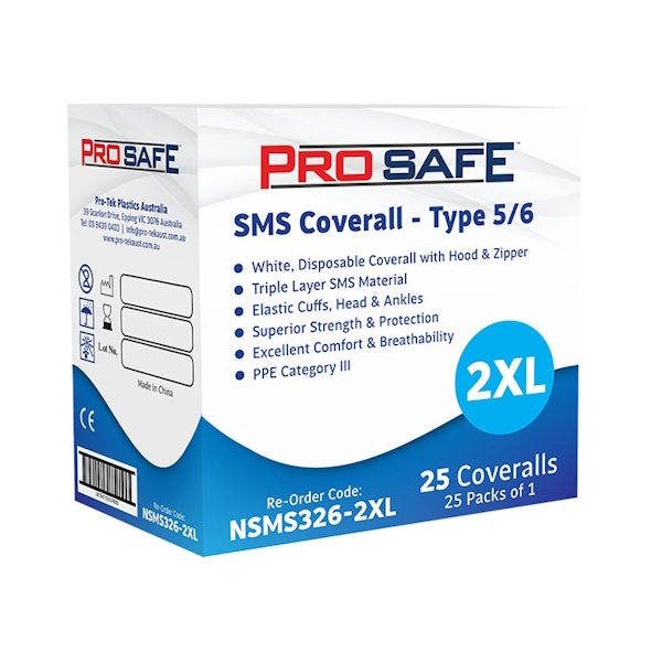 Austar Packaging | ProSafe SMS Coverall  2XL Type 5/6 25 Pcs | Crystalwhite Cleaning Supplies Melbourne