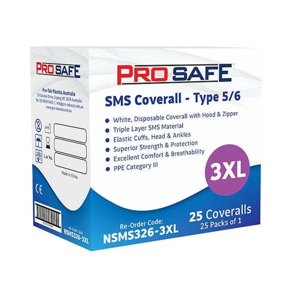 Austar Packaging | ProSafe SMS Coverall 3XL Type 5/6 25 Pcs | Crystalwhite Cleaning Supplies Melbourne