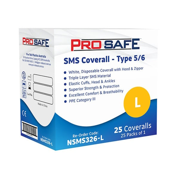 Austar Packaging | ProSafe SMS Coverall L Type 5/6 25 Pcs | Crystalwhite Cleaning Supplies Melbourne