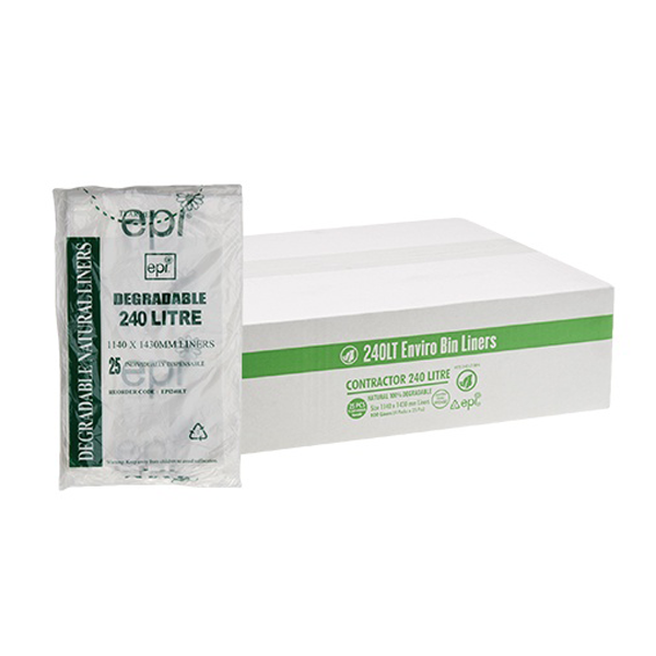 Austar Packaging | Green 100% Degradable EPI 240 Lt Rubbish Bin Bags Liner | Crystalwhite Cleaning Supplies Melbourne