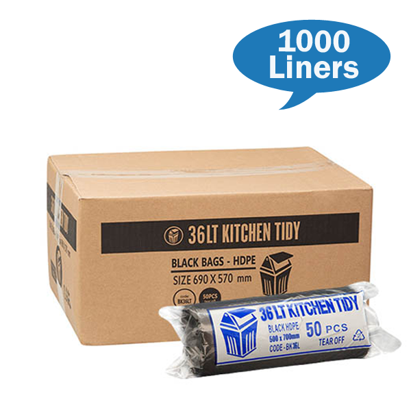 Austar | 36 Lt Black Kitchen Tidy Rubbish Bin Bags Liners Carton Quantity | Crystalwhite Cleaning Supplies Melbourne