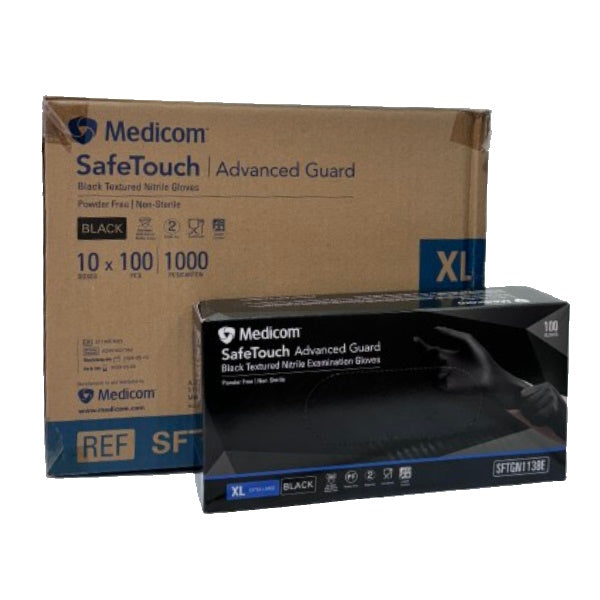 Medicom | SafeTouch Nitrile Disposable Gloves Extra Large Black and Powder Free | Crystalwhite Cleaning Supplies Melbourne