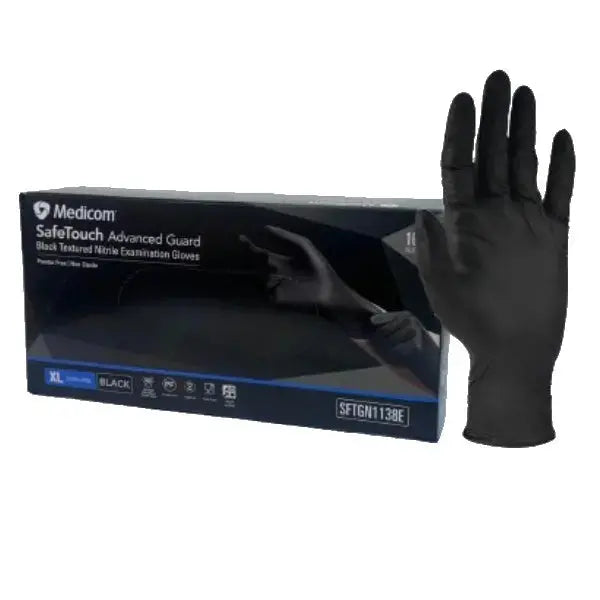 Medicom | SafeTouch Nitrile Disposable Gloves Extra Large Black and Powder Free | Crystalwhite Cleaning Supplies Melbourne