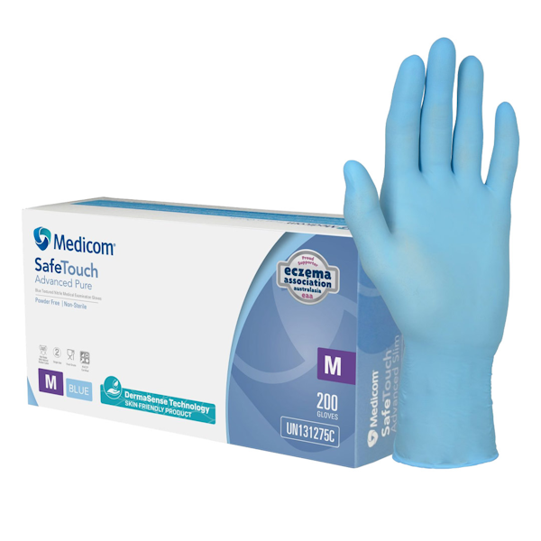 Medicom | SafeTouch Advance Pure Blue Nitrile Gloves Medium - 200 Pack Crystalwhite Cleaning Supplies Melbourne