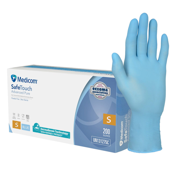 Medicom | SafeTouch Advance Pure Blue Nitrile Gloves Small - 200 Pack | Crystalwhite Cleaning Supplies Melbourne