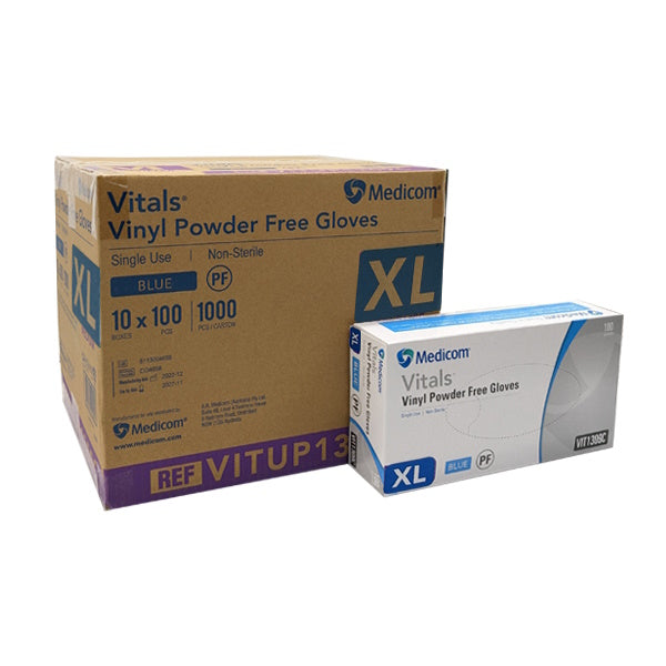 Medicom | Vitals Vinyl Extra Large Disposable Gloves Blue and Powder Free | Crystalwhite Cleaning Supplies Melbourne