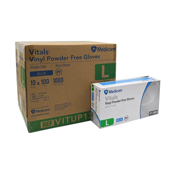 Medicom | Vitals Vinyl Large Disposable Gloves Blue and Powder Free | Crystalwhite Cleaning Supplies Melbourne