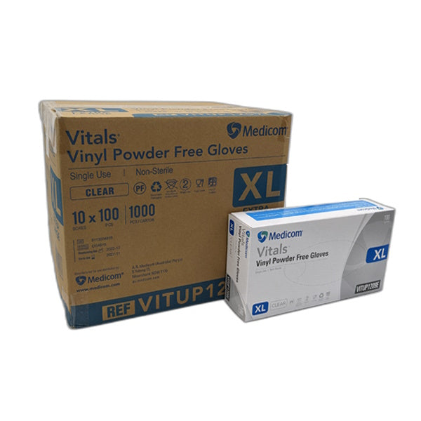 Medicom | Vitals Vinyl Disposable Gloves Extra Large Clear and Powder Free | Crystalwhite Cleaning Supplies Melbourne