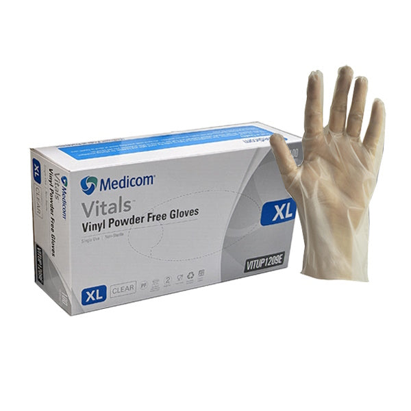 Medicom | Vitals Vinyl Disposable Gloves Extra Large Clear and Powder Free | Crystalwhite Cleaning Supplies Melbourne