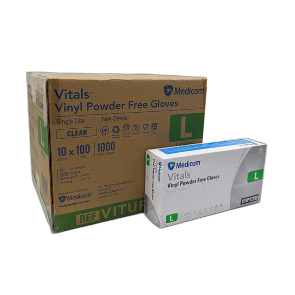 Medicom | Vitals Vinyl Disposable Gloves Large Clear and Powder Free | Crystalwhite Cleaning Supplies Melbourne