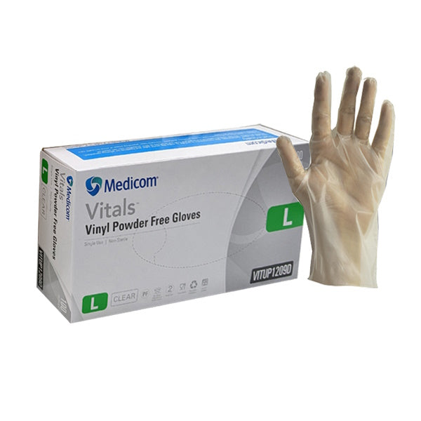 Medicom | Vitals Vinyl Disposable Gloves Large Clear and Powder Free | Crystalwhite Cleaning Supplies Melbourne