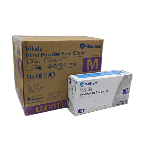 Medicom | Vitals Vinyl Disposable Gloves Medium Clear and Powder Free | Crystalwhite Cleaning Supplies Melbourne
