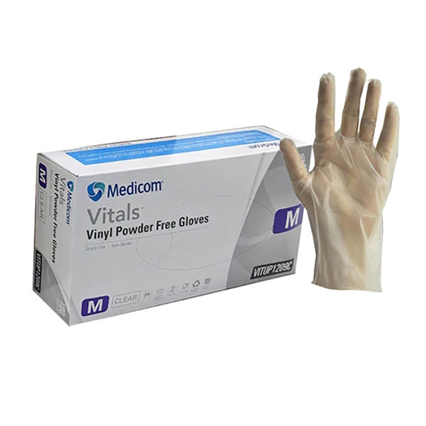 Medicom | Vitals Vinyl Disposable Gloves Medium Clear and Powder Free | Crystalwhite Cleaning Supplies Melbourne