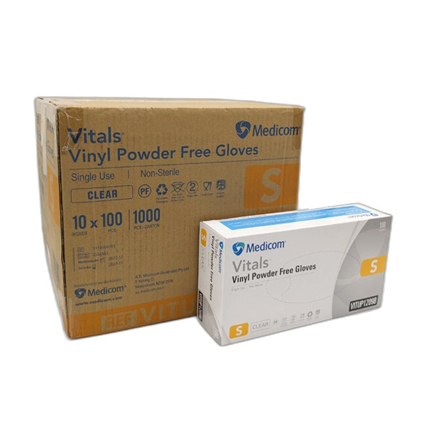 Medicom | Vitals Vinyl Disposable Gloves Small Clear and Powder Free | Crystalwhite Cleaning Supplies Melbourne