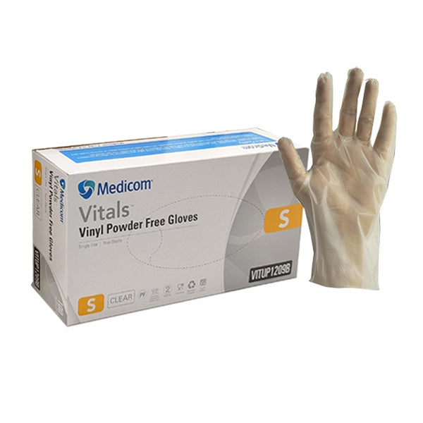 Medicom | Vitals Vinyl Disposable Gloves Small Clear and Powder Free | Crystalwhite Cleaning Supplies Melbourne