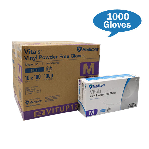 Medicom Vital Blue Vinyl Gloves Powdered Free Medium Size Carton Quantity | Crystalwhite Cleaning Supplies
