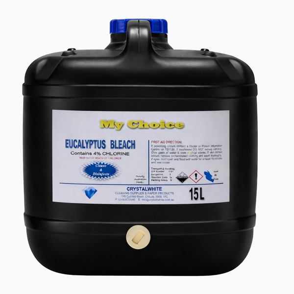 My Choice | Eucalyptus Bleach 4% 15Lt Sodium Syprochorite | Crystalwhite Cleaning Supplies Melbourne