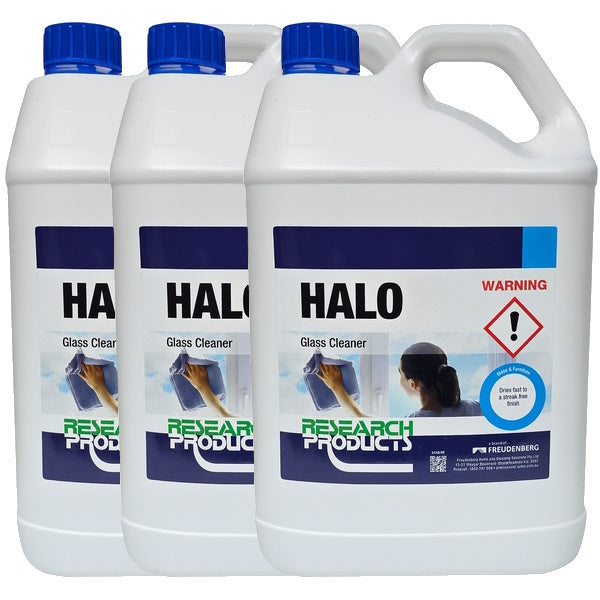 Research Products | Halo Fast Dry Glass Cleaner 3X5Lt | Crystalwhite Cleaning Supplies Melbourne