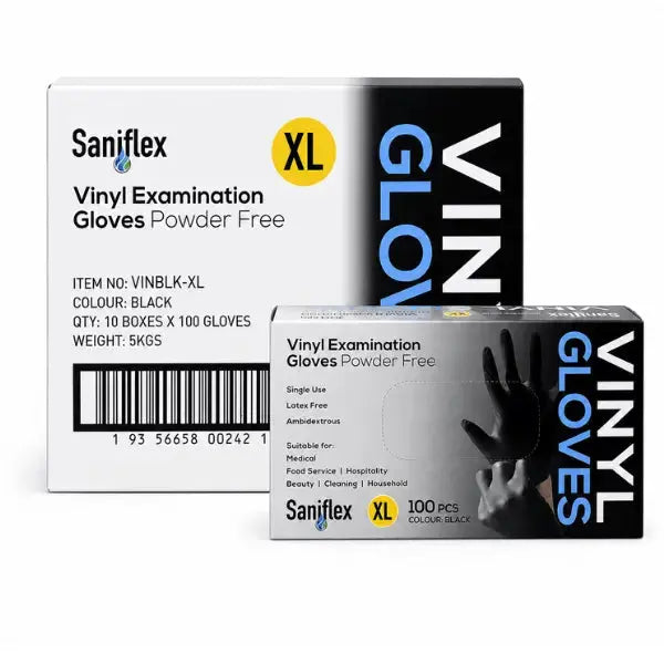 Saniflex | Vinyl Disposable Gloves Black and Powder Free XL Box | Crystalwhite Cleaning Supplies Melbourne