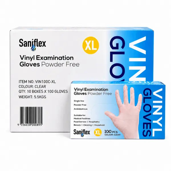 Saniflex | Vinyl Disposable Gloves XL Box Clear and Powder Free | Crystalwhite Cleaning Supplies Melbourne