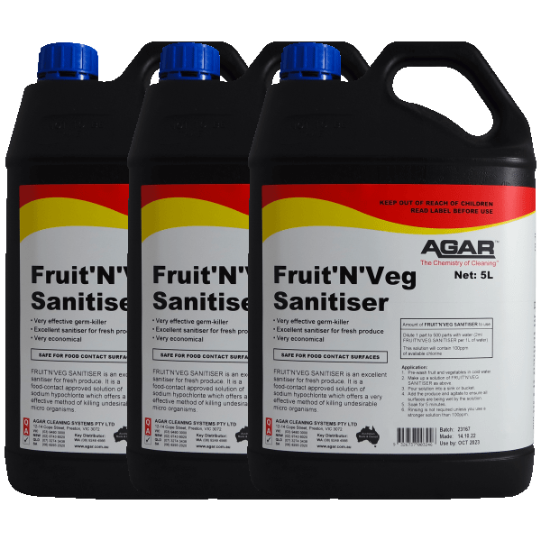 Agar | Fruit N Veg Sanitiser 3 X 5Lt | Crystalwhite Cleaning Supplies Melbourne