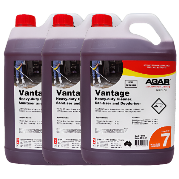 Agar | Vantage 3X5Lt 3 in 1 Detergent, Sanitiser and Deodoriser | Crystawhite Cleaning Supplies Melbourne