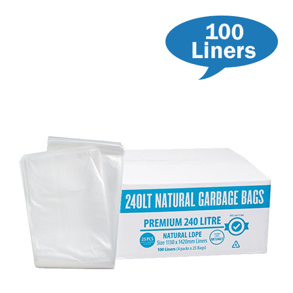 Premium Clear 240Lt Rubbish Bin Bags Liner Carton Quantity | Crystalwhite Cleaning Supplies Melbourne