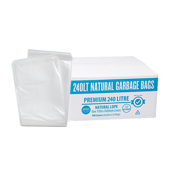 Premium Clear 240Lt Rubbish Bin Bags Liner | Crystalwhite Cleaning Supplies Melbourne