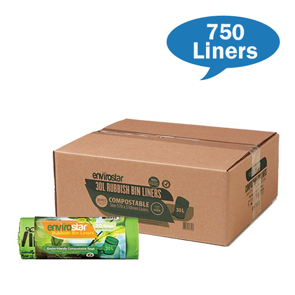 Envirostar | Compostable 30Lt Bin liners Carton Quantity | Crystalwhite Cleaning Supplies Melbourne