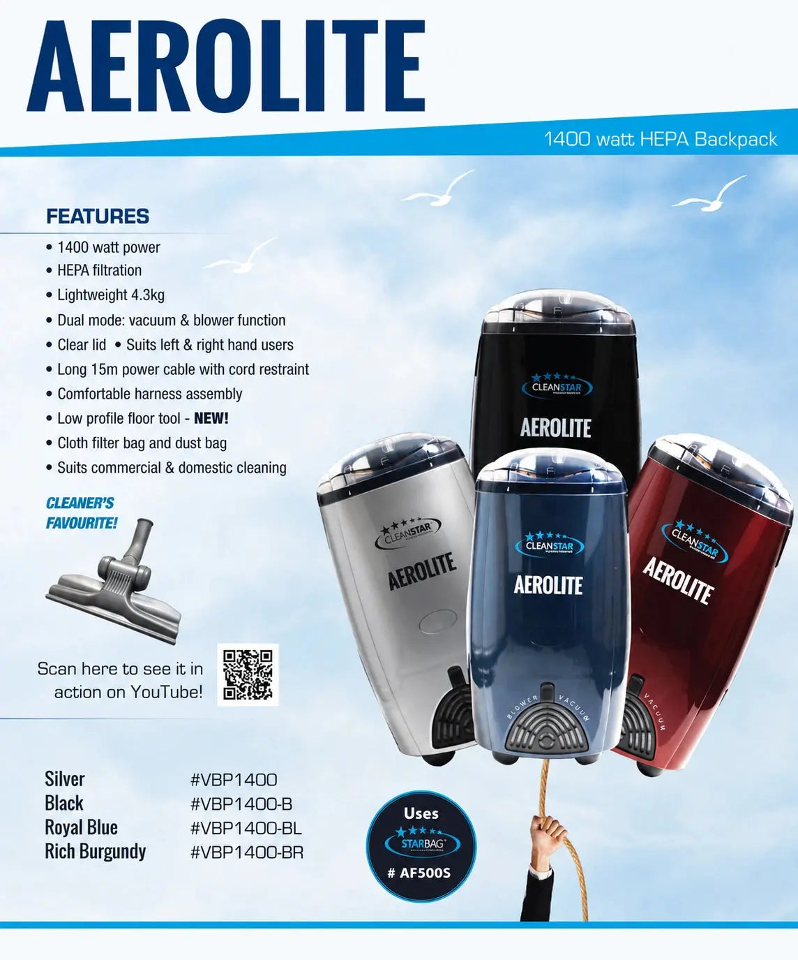 Cleanstar | Aerolite 1400 Watt Backpack Vacuum and Blower | Crystalwhite Cleaning Supplies Melbourne