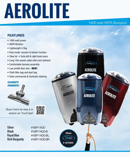 Cleanstar | Aerolite 1400 Watt Backpack Vacuum and Blower | Crystalwhite Cleaning Supplies Melbourne
