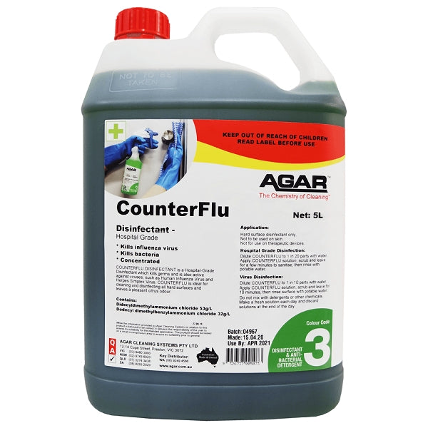 Agar | Counter Flu 5Lt Hospital Grade Disinfectant | Crystalwhite Cleaning Supplies Melbourne