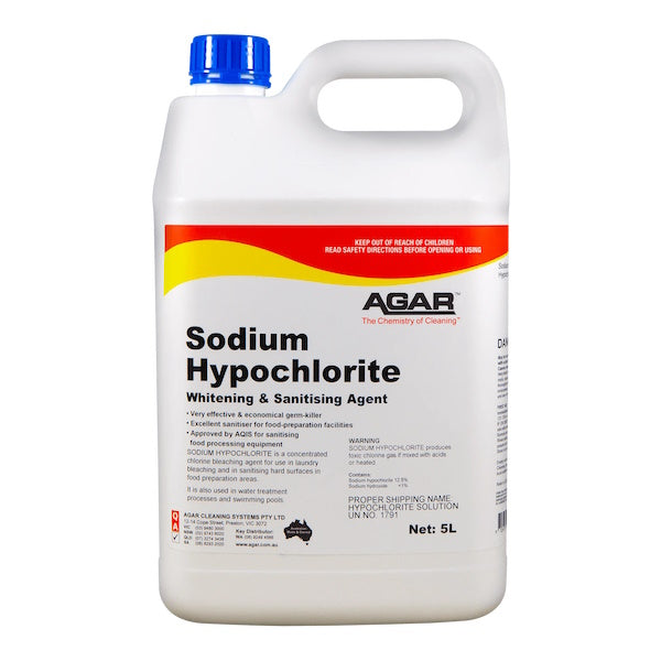 Agar | Sodium Hypochlorite 12.5% Chlorine 5Lt | Crystalwhite Cleaning Supplies Melbourne