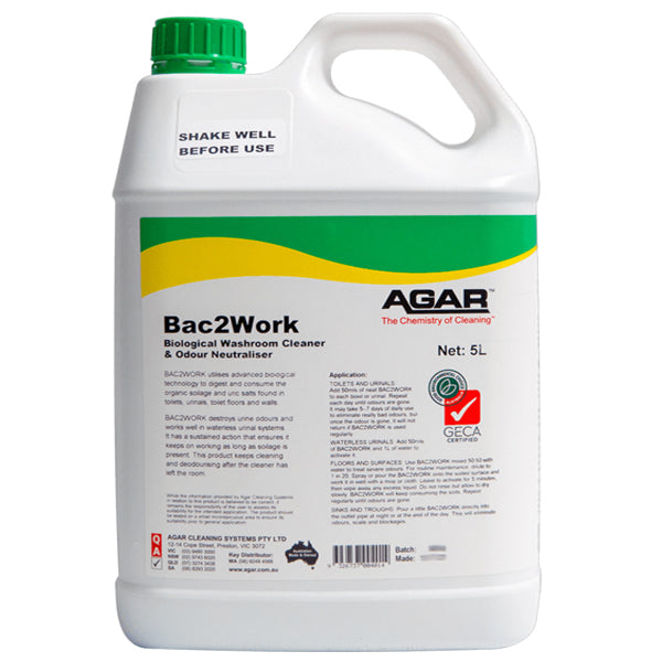 Agar | Bac2Work Biological Bathroom Cleaner 5Lt | Crystalwhite Cleaning Supplies Melbourne