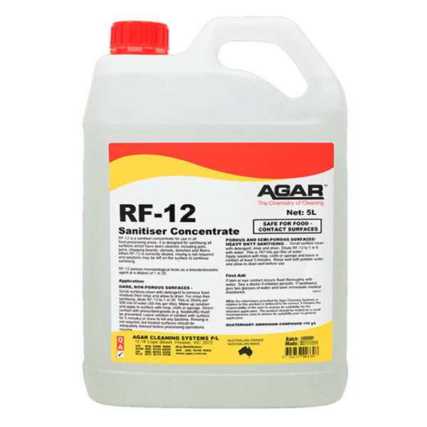 Agar | RF12 No Rinsing Sanitiser Concentrate 5Lt | Crystalwhite Cleaning Supplies Melbourne