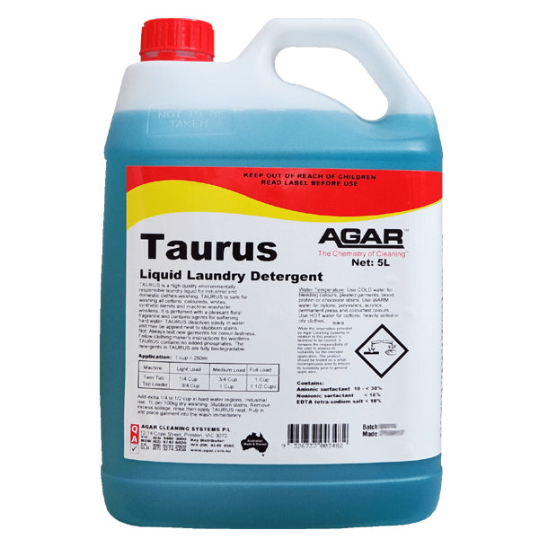 Agar | Taurus Liquid Laundry Detergent 5Lt | Crystalwhite Cleaning Supplies Melbourne