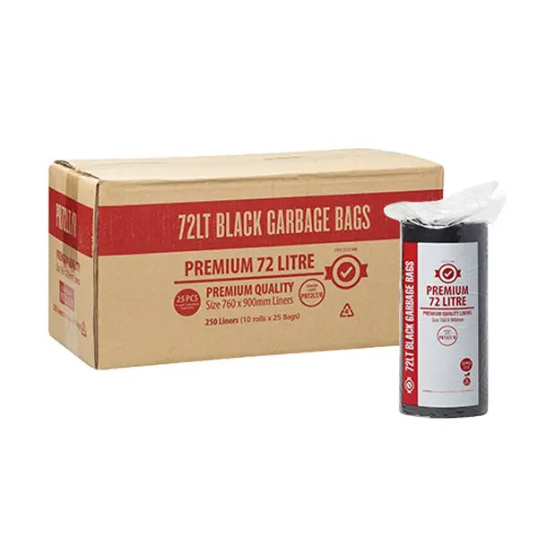 Premium Heavy Duty 72Lt Black Bin Liners in a Roll | 250 Bags