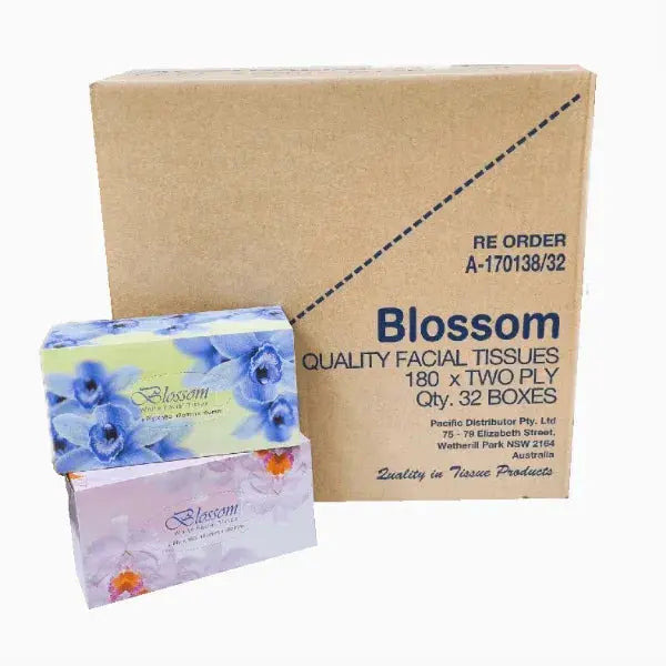 Queensland Tissue Products | Blossom Facial Tissues 2 Ply 180 Sheets X 32 Boxes | Crystalwhite Cleaning Supplies Melbourne