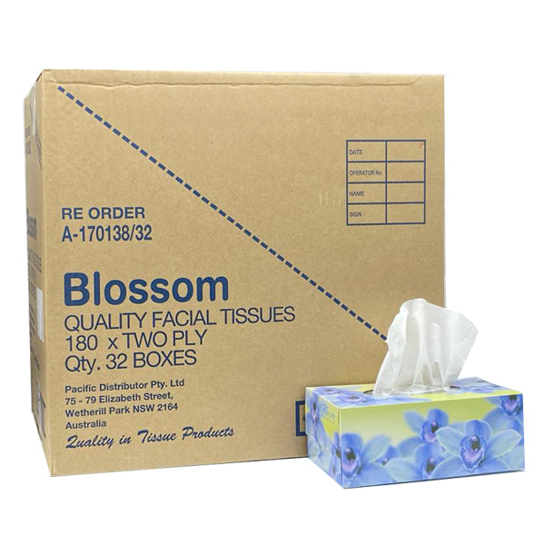 ABC Tissues | Bloosom Facial Tissue 2Ply 180 Sheets X 32 Boxes | Crystalwhite Cleaning Supplies Melbourne