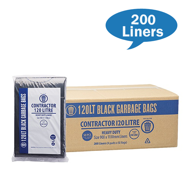 Contractor 120Lt Black Bin liner Carton Quantity | Crystalwhite Cleaning Supplies Melbourne