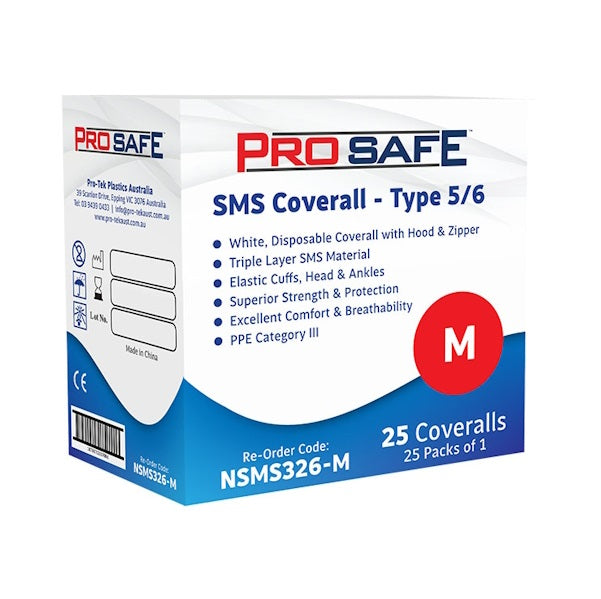 Austar Packaging | ProSafe SMS Coverall M Type 5/6 25 Pcs | Crystalwhite Cleaning Supplies Melbourne