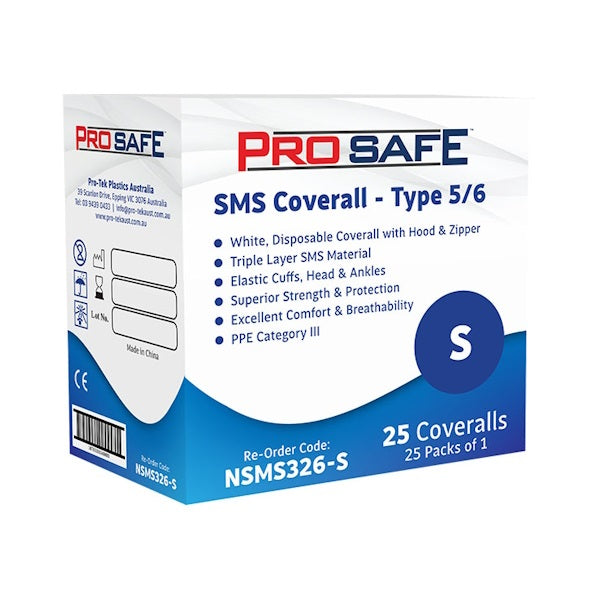 Austar Packaging | ProSafe SMS Coverall S Type 5/6 25 Pcs | Crystalwhite Cleaning Supplies Melbourne
