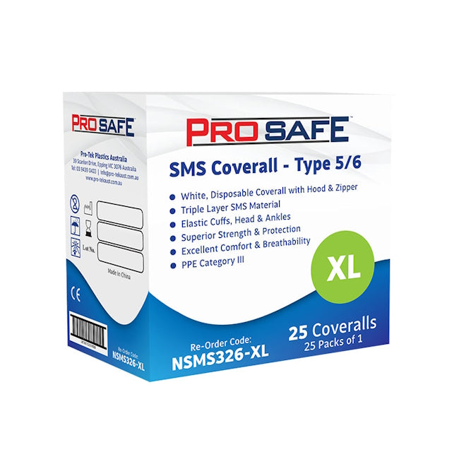 Austar Packaging | ProSafe SMS Coverall XL Type 5/6 25 Pcs | Crystalwhite Cleaning Supplies Melbourne