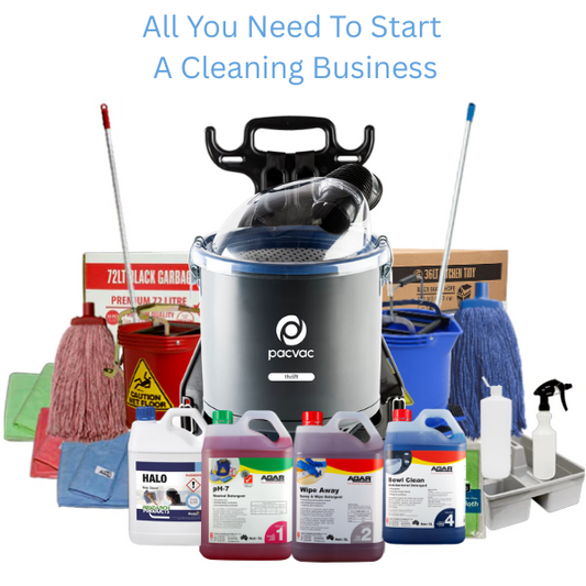 Crystalwhite Cleaning Supplies | Cleaning Start-up Kit  with Pacvac Thrift Vacuum | Crystalwhite Cleaning Supplies Melbourne.
