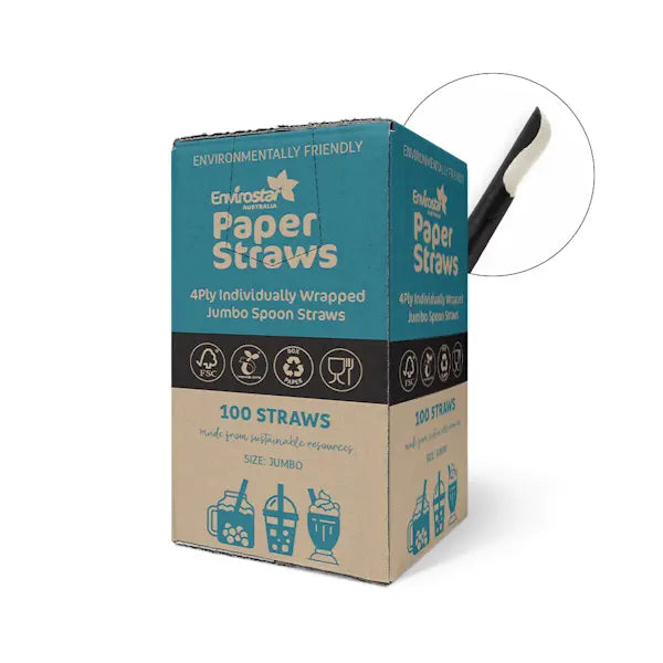 Envirostar Paper Spoon Straw Individual Wrapped Black 4 Ply